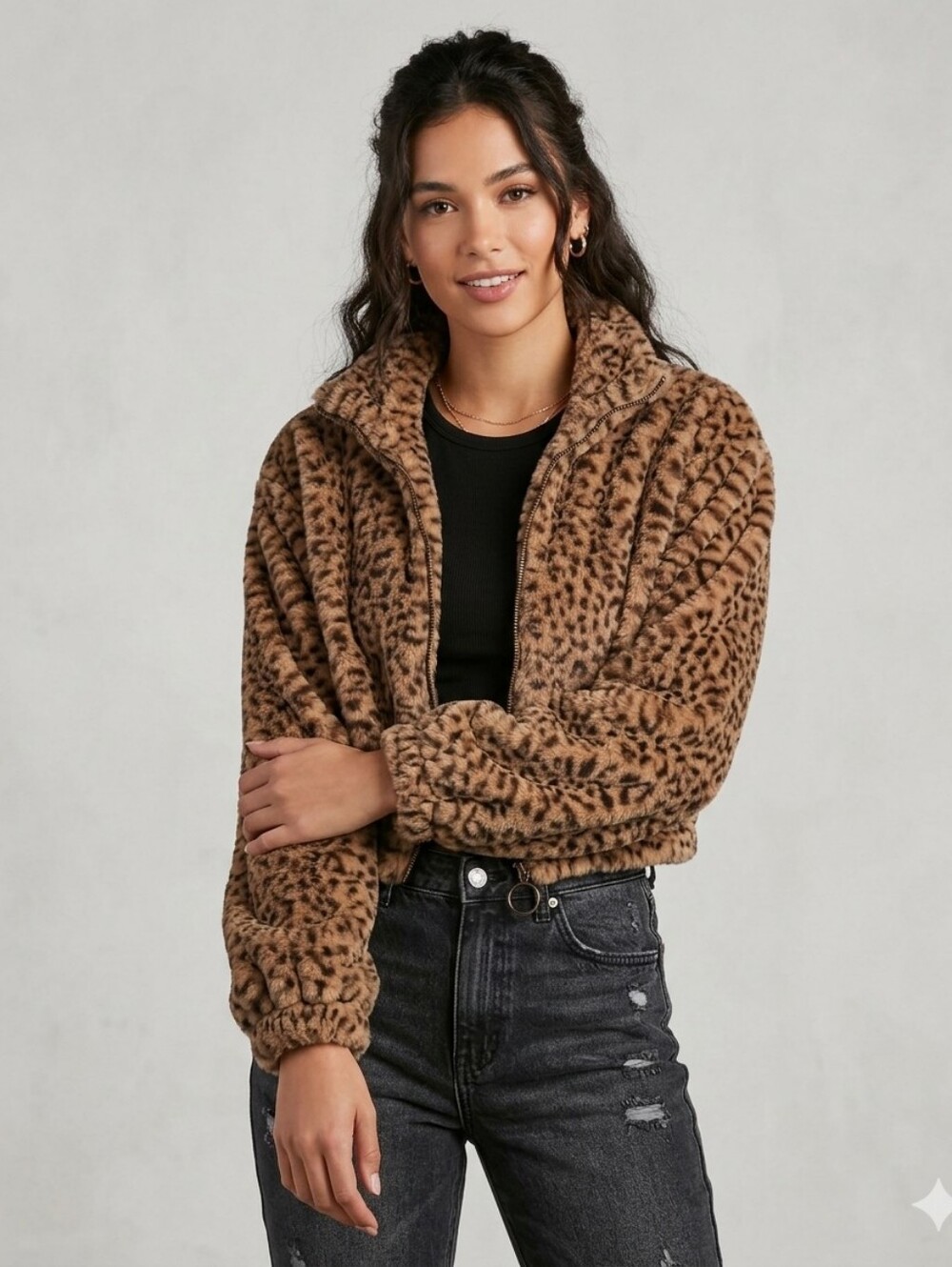 TIMING Leopard Print Faux Fur Cropped Quarter-Zip Pullover Jacket - Size Small